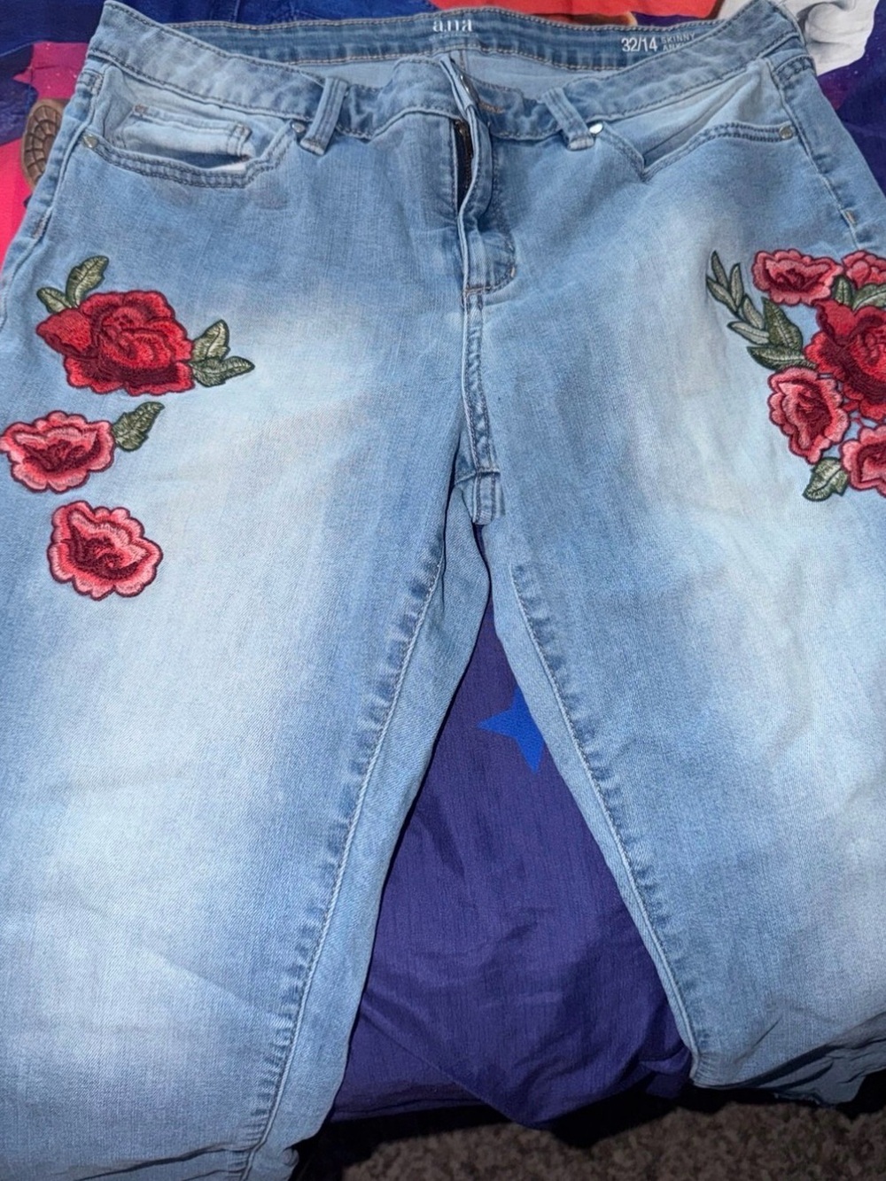 a.n.a Light Blue Boyfriend Jeans with Red Rose Embroidery